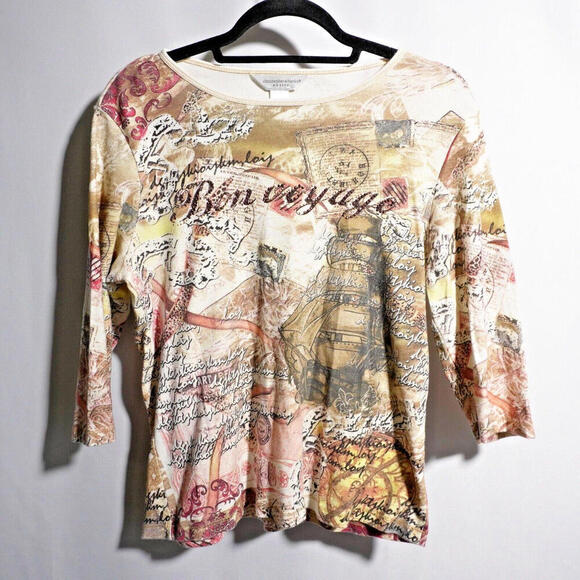 Y2K Paris Travel Graphic Sleeve Knit Shirt Rhinestones USA Made Womens P/L 2000s - Picture 1 of 4